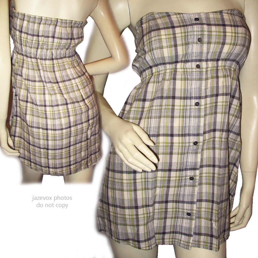 Vintage Y2K 90s Mudd Womens Strapless Long Top Plaid Surfer Beachwear Cover Ups